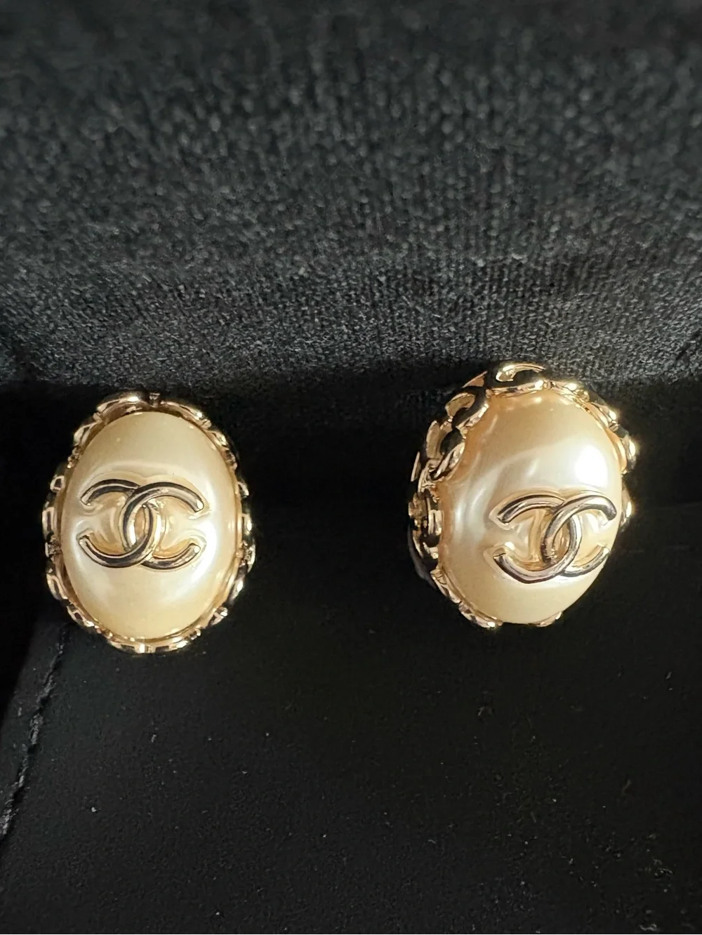 CHANEL Pearl Gold tone  Logo Stud Earrings barely used new condition.